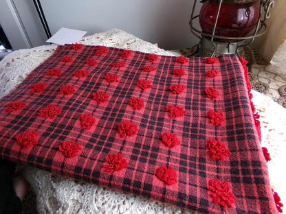 Midnight Black Tartan Plaid Vintage Chenille Bedspread Fabric, Tufted Deep Red Dots, 18" x 24" inch Piece, Lightweight Quilt Material