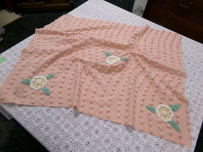 Vintage Cotton Chenille Fabric Peach Dot Floral Accents 23 x 30" Shabby Chic