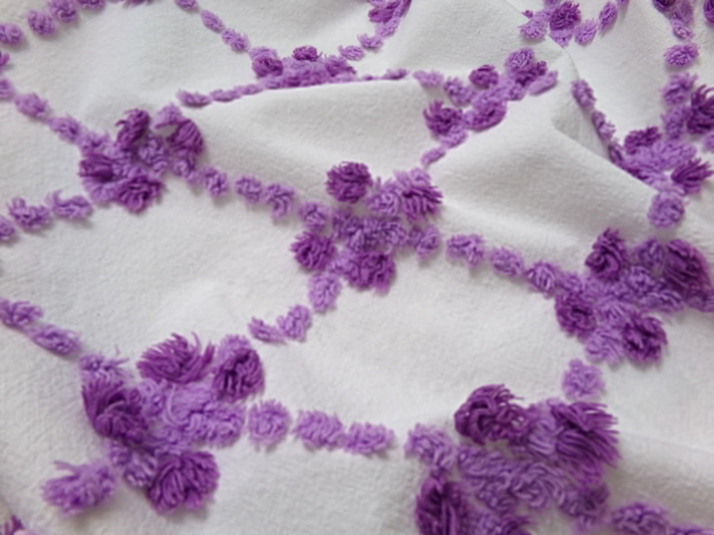 Crocus Buds in Snow Vintage Chenille Fabric, Purple & White 20" x 24" piece