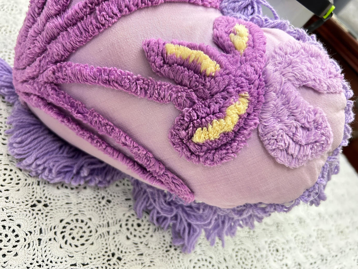 Vintage Heart Chenille Pillow, Shabby Iris Floral Reversible Fringed Design