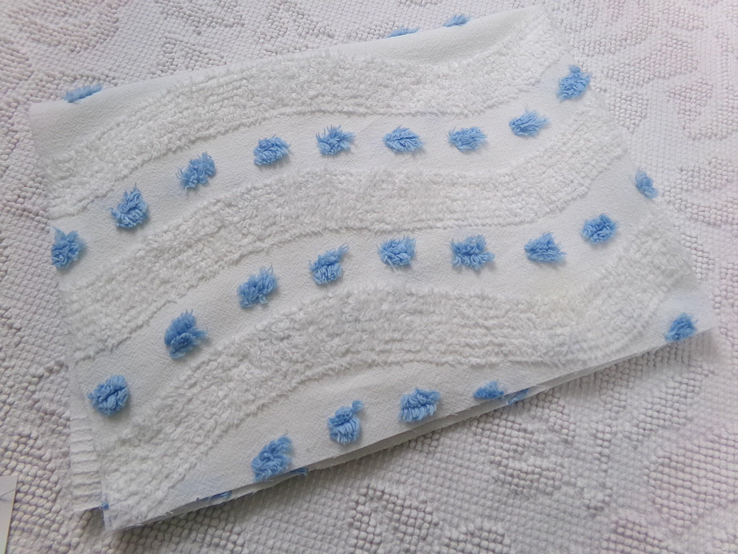 Vintage Chenille Fabric Piece, Shabby Lightweight Blue & White Wave Dots, 16" x 23"