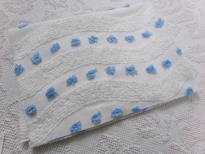 Vintage Chenille Fabric Piece, Shabby Lightweight Blue & White Wave Dots, 16" x 23"