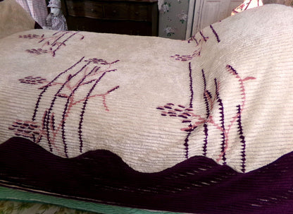 Art Deco Vintage Chenille Bedspread in Iconic Cattail Design, Shabby Antique Twin Size Bedding, #1