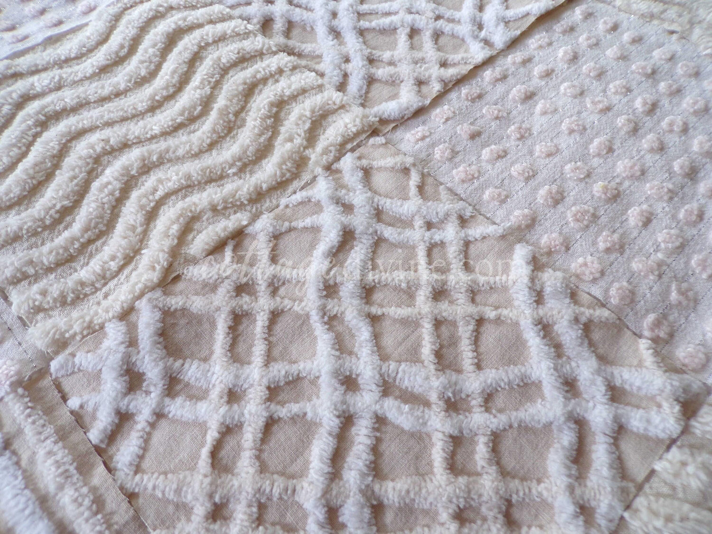 Cream Latte Quilt Squares Set from Vintage Chenille Bedspread Fabric, 16 Blocks, 6" x 6" inch, Neutral tones