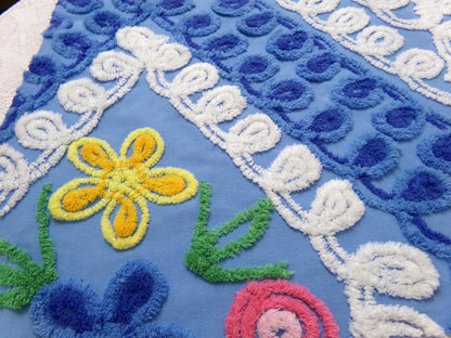 vintage shabby chenille bedspread fabric, abstract floral blue & white swirls, 14" x 22" piece