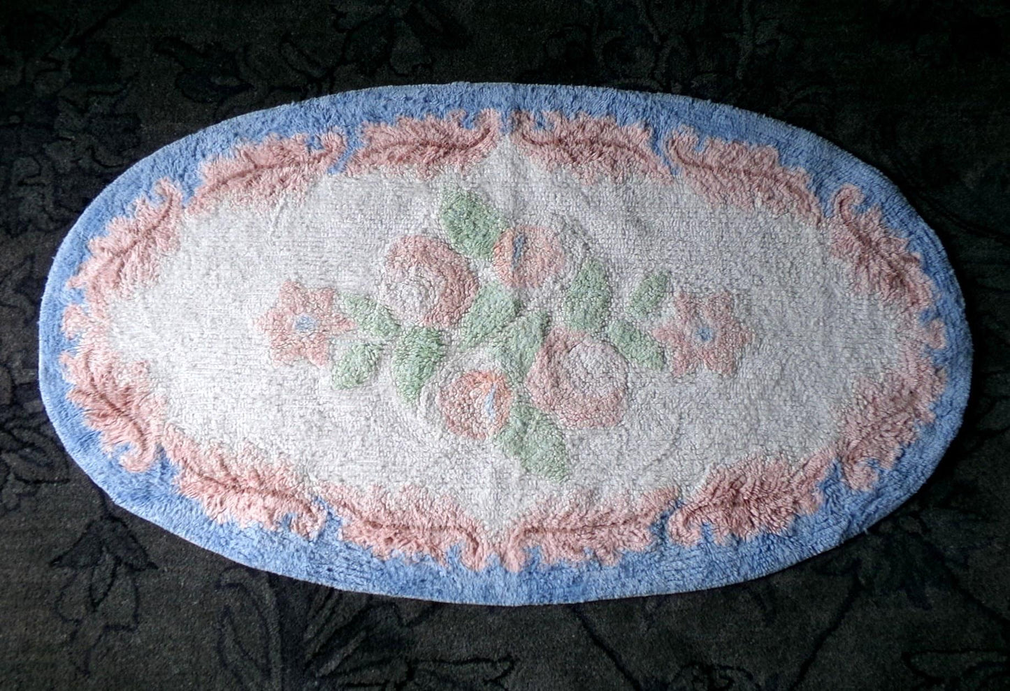 Vintage Shabby Cottage Chenille Rug, Lovely Muted Rose Florals & Pink Leaves, Cotton Bed Bath Accent Mat, Oval Shape, Large Size 25"W x 44"L