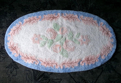 Vintage Shabby Cottage Chenille Rug, Lovely Muted Rose Florals & Pink Leaves, Cotton Bed Bath Accent Mat, Oval Shape, Large Size 25"W x 44"L