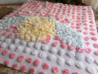 Precious Pink Pops Vintage Chenille Fabric, 15" x 28" Inch Piece, 100% Cotton, Antique Handtufted Plush Flower, Great for DIY Pillows