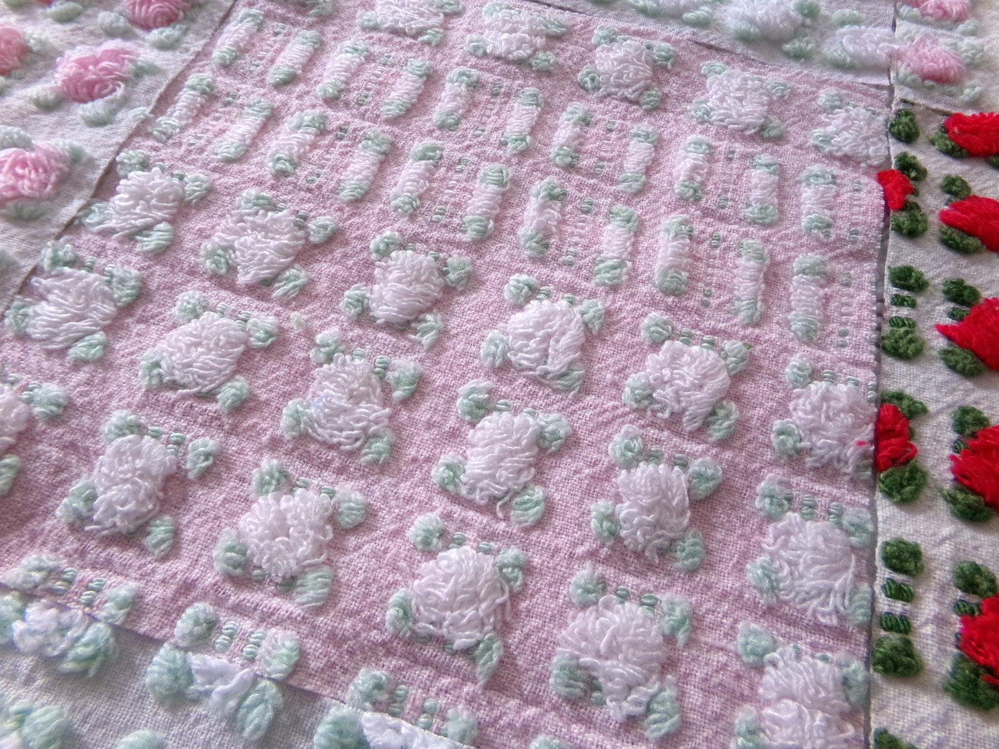 romantic rosebuds vintage chenille fabric squares, gorgeous medley of pink, red, white roses, set of 16 quilt blocks, 6" x 6" inch