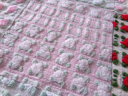 romantic rosebuds vintage chenille fabric squares, gorgeous medley of pink, red, white roses, set of 16 quilt blocks, 6" x 6" inch