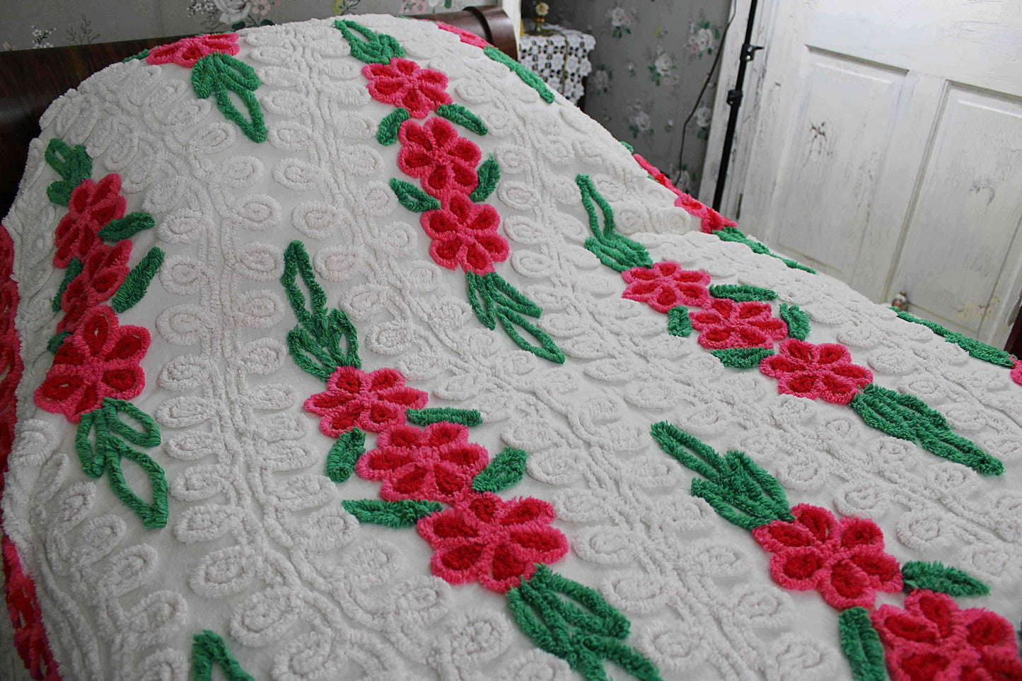 Vintage Chenille Bedspread, Raining Roses on Plush White, Full Size