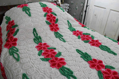 Vintage Chenille Bedspread, Raining Roses on Plush White, Full Size