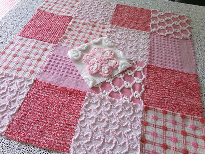 Pink *Strawberry Shortcake* Colors Vintage Chenille Fabric Squares, Set of 17 Adorable 6" Quilt Blocks for Quilting, Sewing