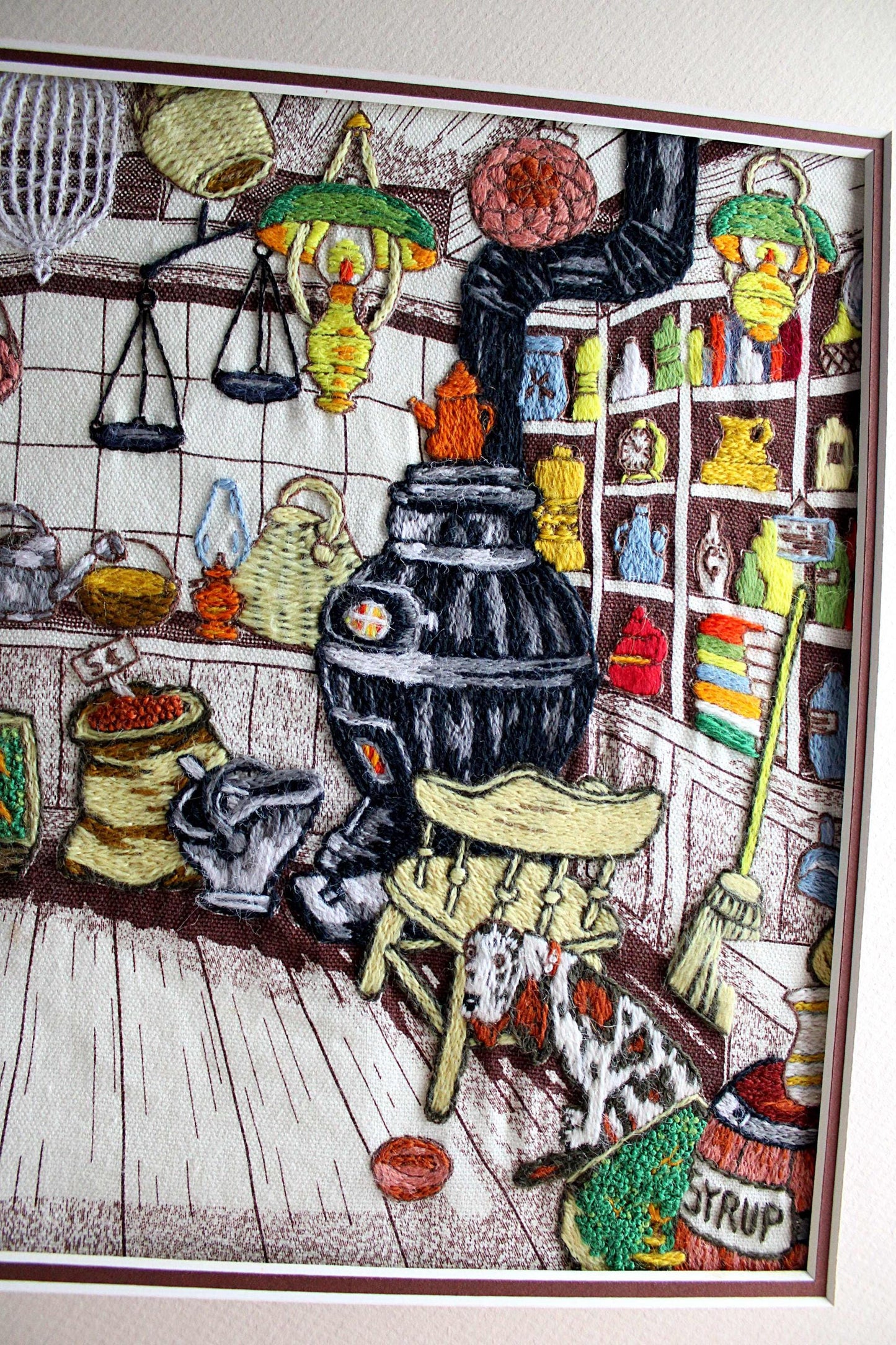 Old-Fashioned Country Store Crewel Embroidery Piece, "Penny Candy" Completed Stitchery, Vintage Paragon Needlecraft, Outstanding Needlework