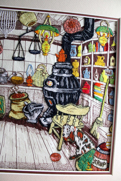 Old-Fashioned Country Store Crewel Embroidery Piece, "Penny Candy" Completed Stitchery, Vintage Paragon Needlecraft, Outstanding Needlework