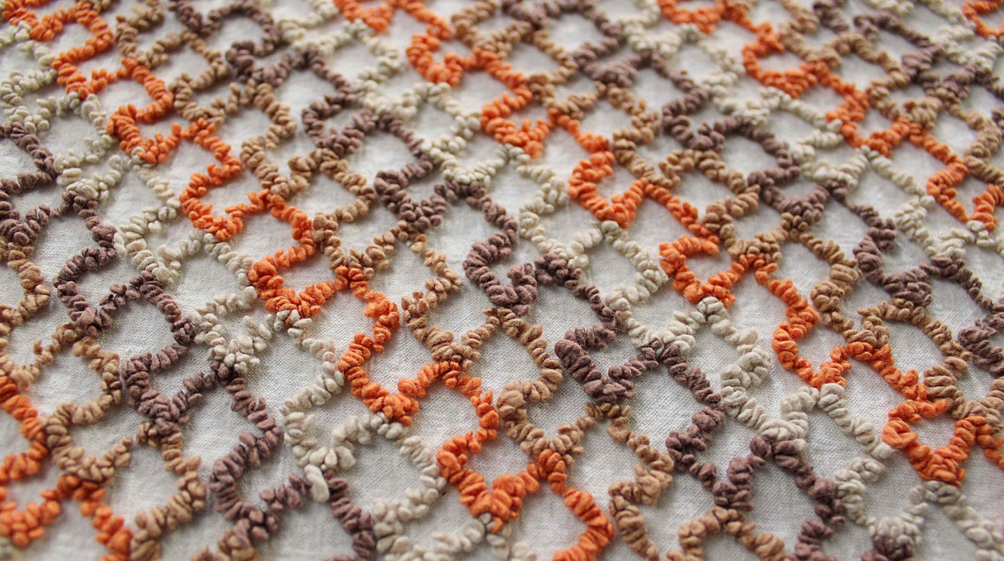 best boho colors vintage chenille fabric, fun pattern for small totes & bags, 20" x 24" inch piece, orange, mocha, chocolate, sand colors