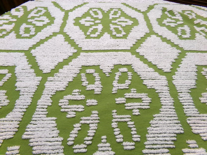 Boho Vintage Chenille Bedspread Fabric, Avocado Green White Daisy 19" x 26" cut piece