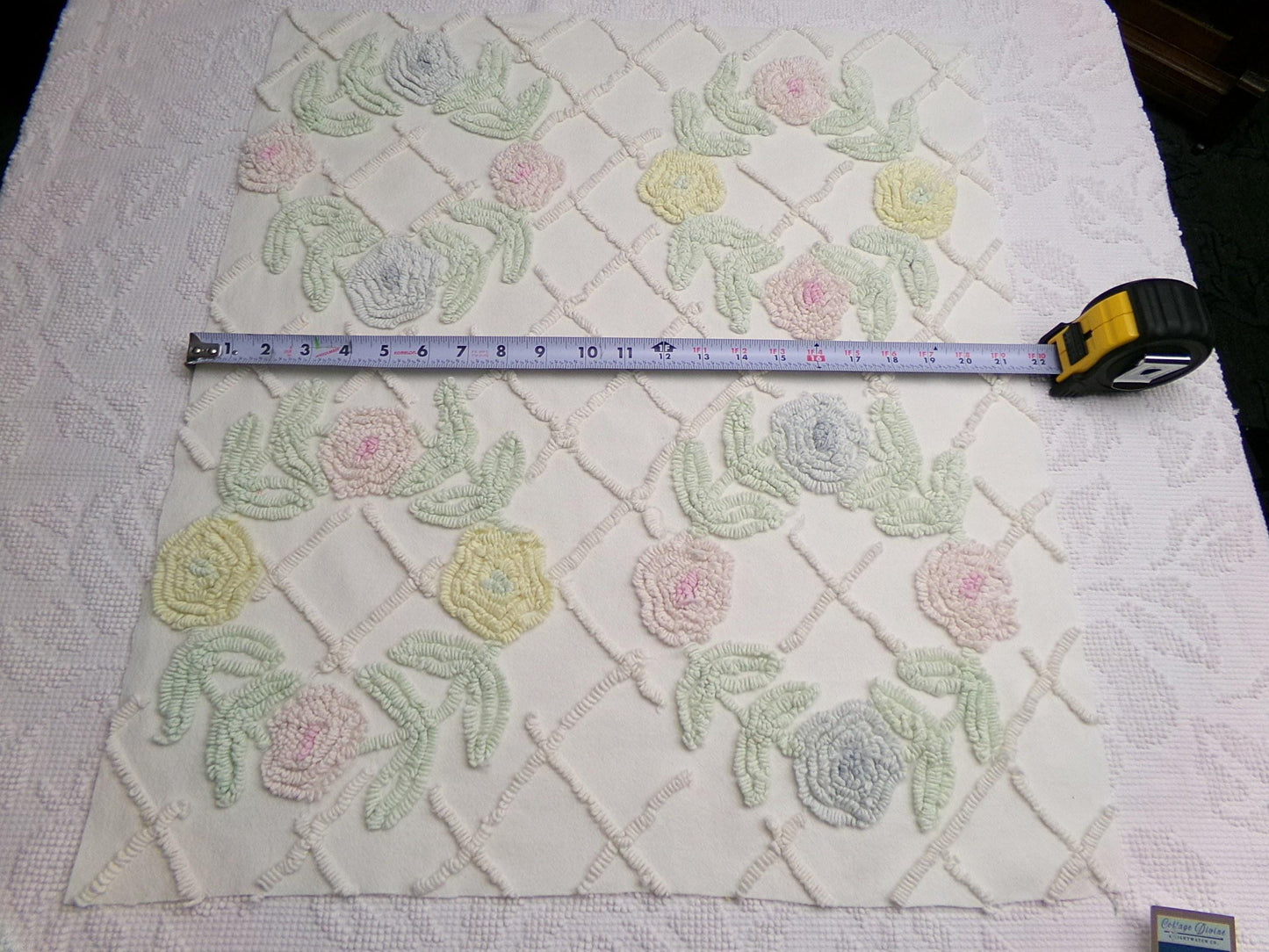 Vintage Chenille Fabric Pastel Spring Floral Wreaths on Antique Cream Cotton, 20" x 24" piece
