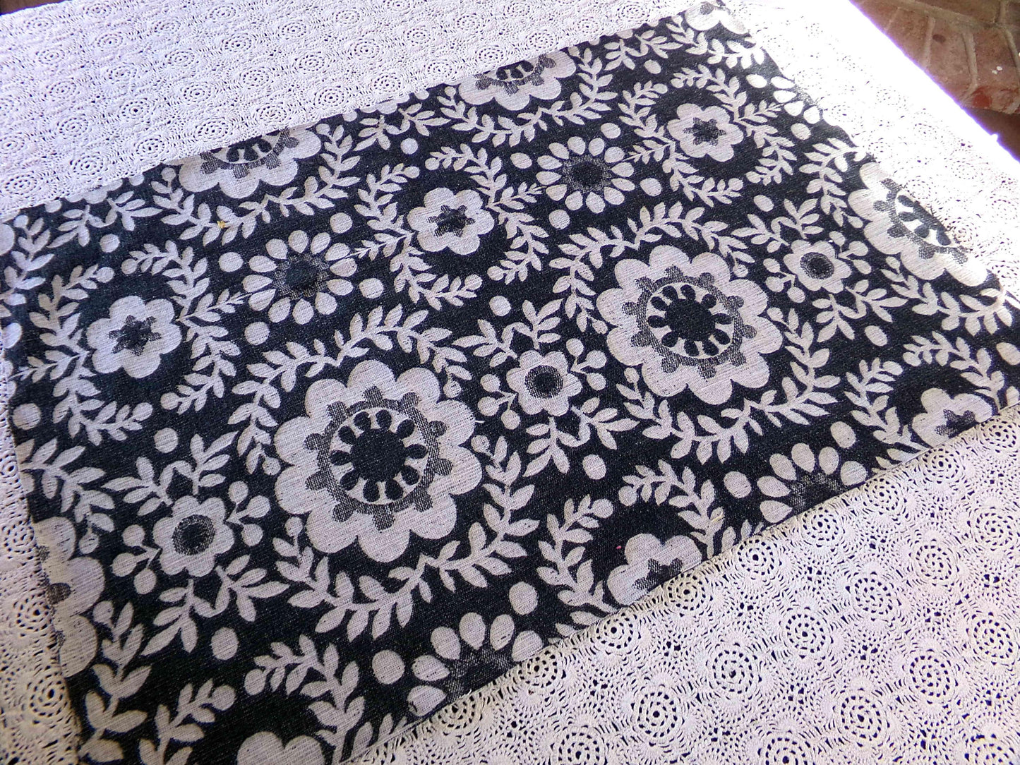 MoD DaIsY Vintage Woven Fabric, REVERSIBLE Black & White FLOWER POWER Disco Fun, 22" x 18" Piece, Fab in Pillows or as a Wall Hanging