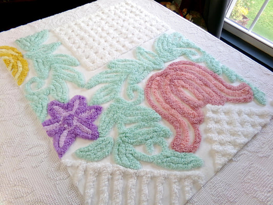 big pink tulip vintage chenille fabric, tropical floral design on white cotton, 18" x 24" piece, upcycle for wallhanging, pillows
