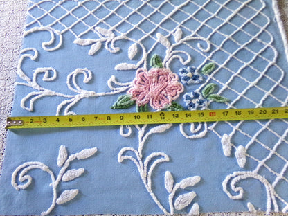 Cottage Romantics Pink Rose Vintage Chenille Fabric, 18.5" x 23" inch Piece, Sky Blue Bkgd, for Pillow Covers, Quilting, Fiber Arts & Crafts