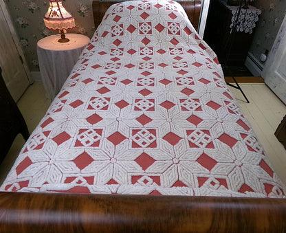 Modern Boho Terracotta Chenille Bedspread, Rustic Eight Point Star Vintage Quilt Style Design, Full Size Country Bedding