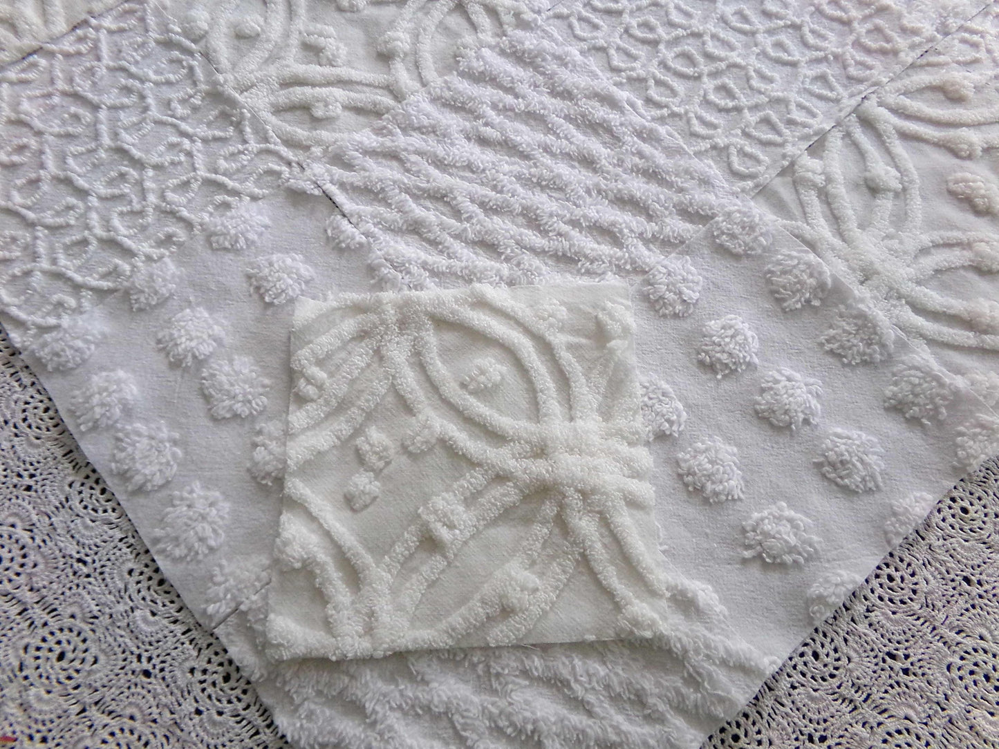 Weathered Whites Vintage Chenille Fabric Squares, 17 Blocks, 6" x 6" inch, Neutral Shades of Classic White