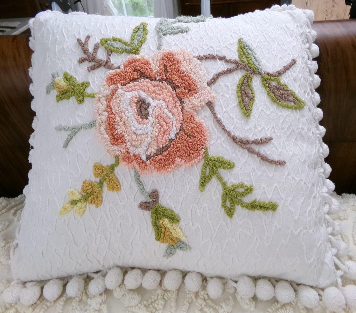 Vintage Rose Chenille Pillow Cover, Reversible Square Cottage Chic Floral Design