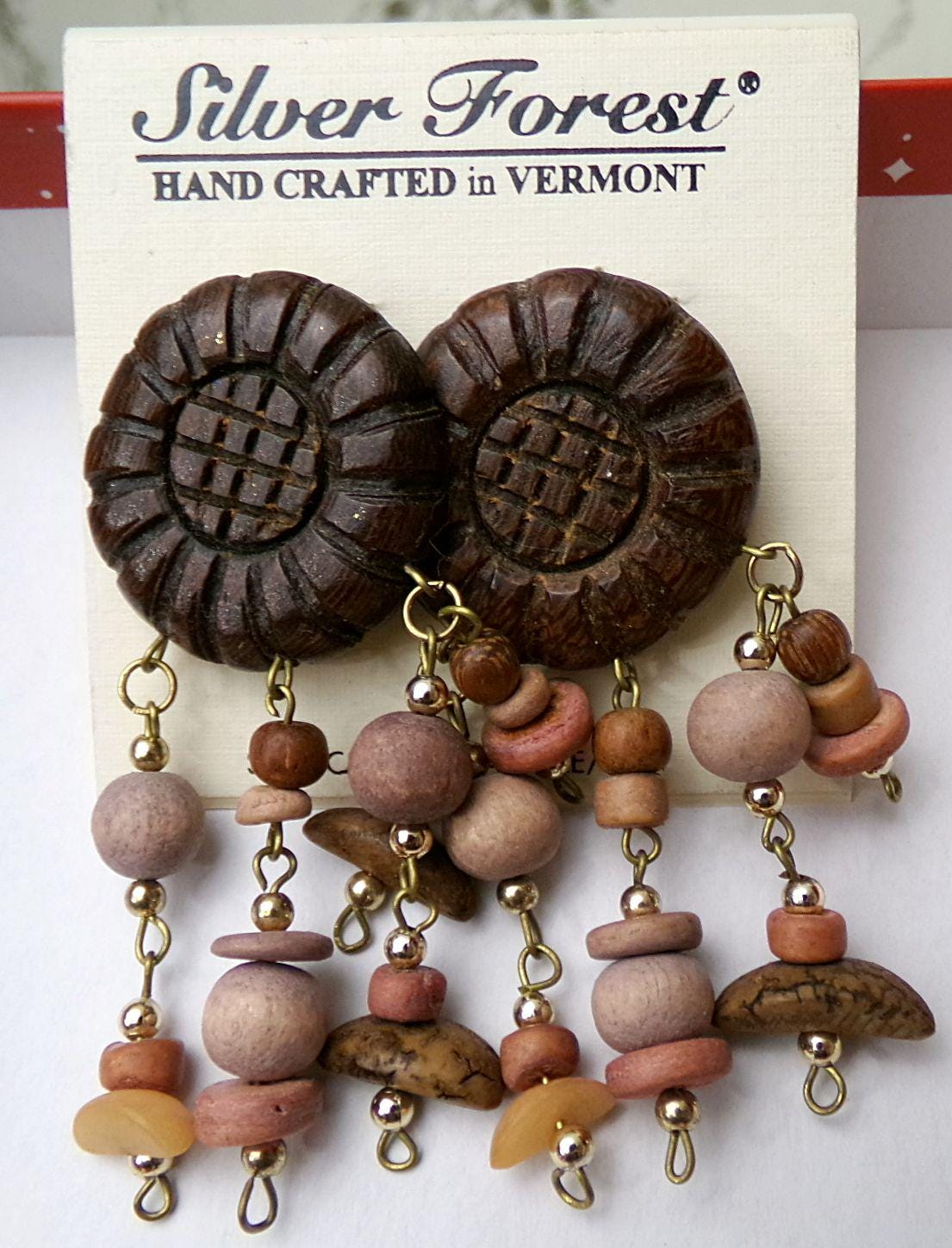 Boho Vintage Silver Forest Wood Dangle Earrings, Pierced Post Back