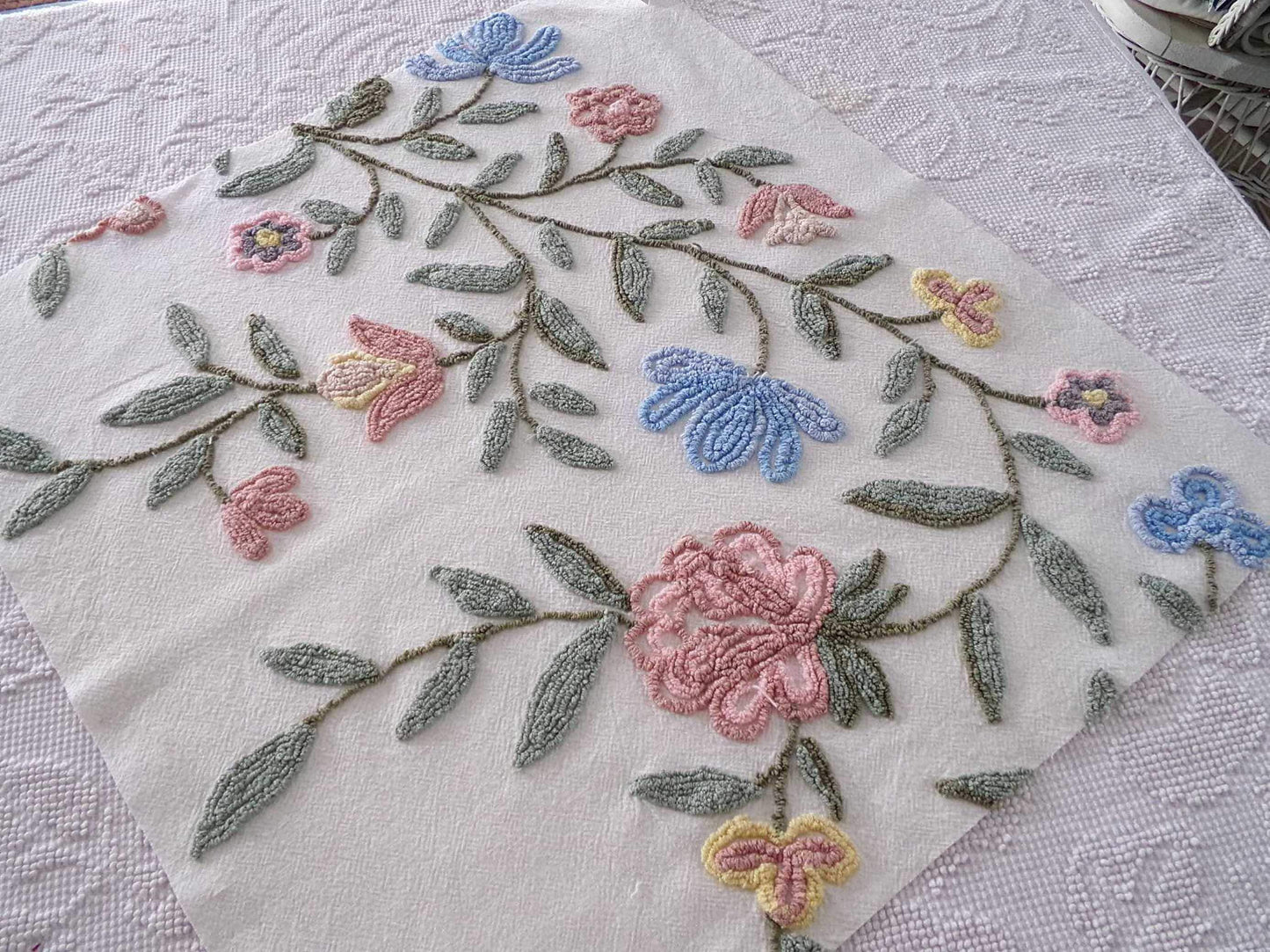 Boho Wildflowers Vintage Chenille Fabric, Natural Vining Rose Florals, 20" x 22" piece