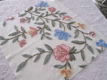 Boho Wildflowers Vintage Chenille Fabric, Natural Vining Rose Florals, 20" x 22" piece