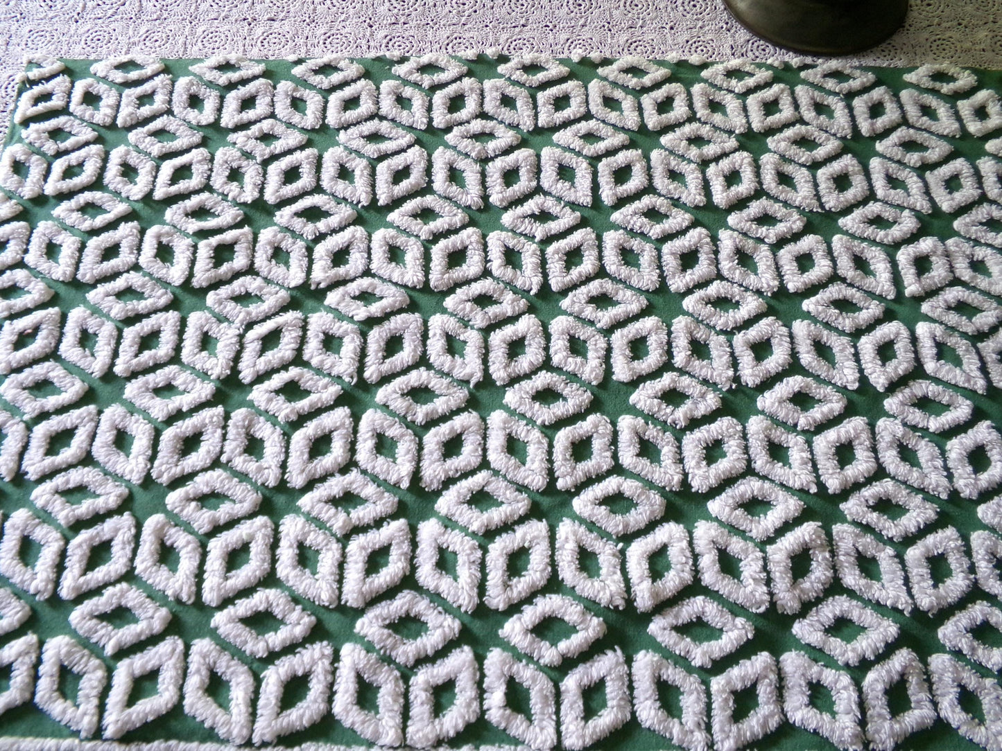 white snowflakes on rich green vintage chenille fabric, 18" x 25" inch piece of cotton sewing material for quilting & crafts