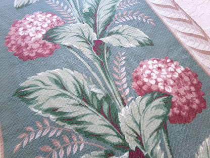 Vintage Style Hydrangea Barkcloth Fabric Piece, 27" x 23" inches, Pink Floral on Green, Great for Shabby Chic Pillows