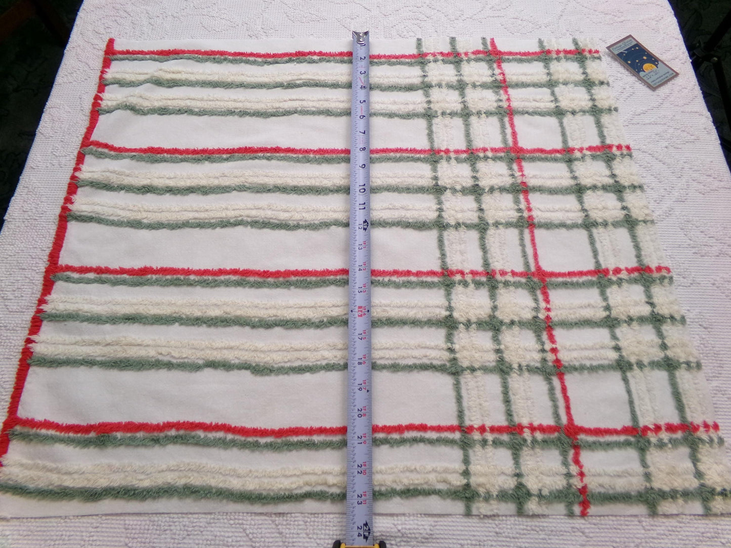 Vintage Chenille Fabric, Rustic Christmas Plaid in Muted Red, Green & Cream, Nice for Shabby Chic Holiday Quilts, 22" x 25" Cut Piece