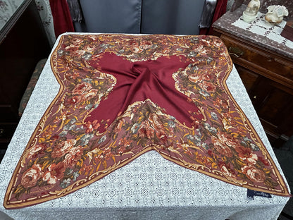 Vintage Ralph Lauren Silk Scarf Burgundy Wine Rose Floral Baroque Scroll Border