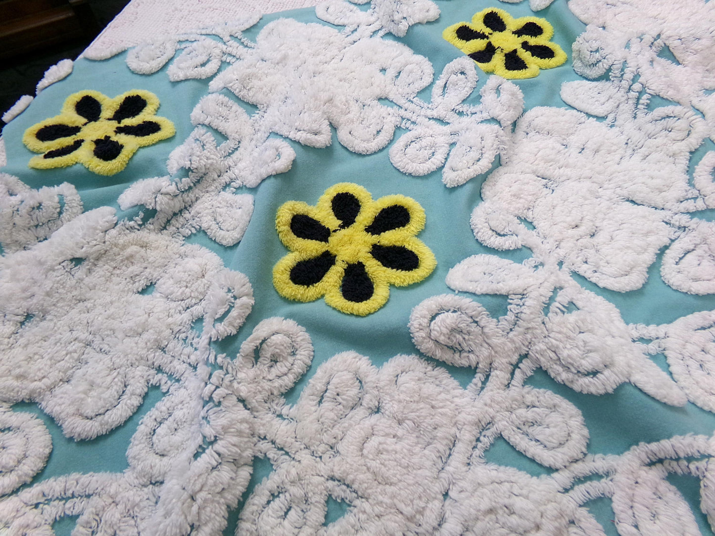 midnight seaspray vintage chenille fabric piece, plush sewing material 20" x 29"