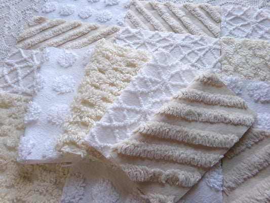 chic neutral chenille fabric squares, set of 16 vintage tan & white quilt blocks 6" ea, coin dot, geometric, infinity, for crafts, quilting