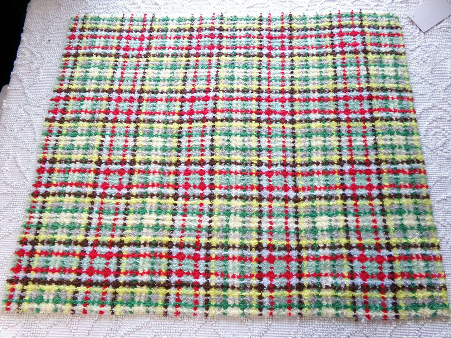 brightly colored vintage chenille fabric in retro rustic plaid design, 20" x 24" inch piece of quilt material for sewing & crafts