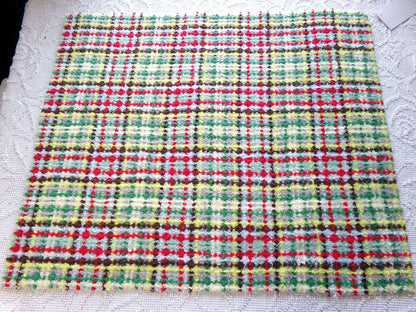 brightly colored vintage chenille fabric in retro rustic plaid design, 20" x 24" inch piece of quilt material for sewing & crafts