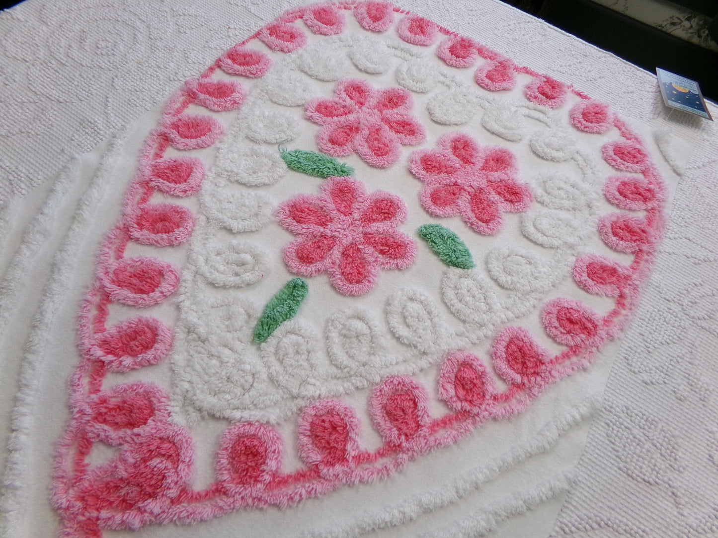 big pink heart vintage chenille fabric, popular floral center pattern, 16" x 26" piece of sewing material for quilting, crafts