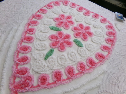big pink heart vintage chenille fabric, popular floral center pattern, 16" x 26" piece of sewing material for quilting, crafts