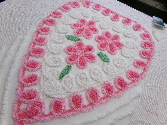 big pink heart vintage chenille fabric, popular floral center pattern, 16" x 26" piece of sewing material for quilting, crafts