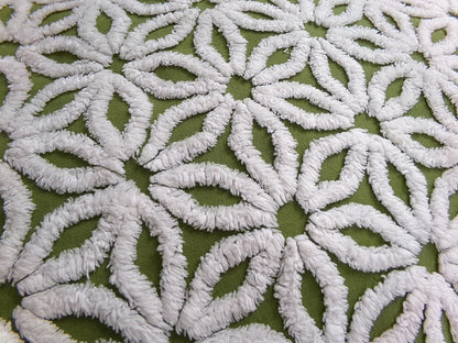 Boho Olive Green Vintage Chenille Fabric, High Contrast White Daisy 18x24" Pc