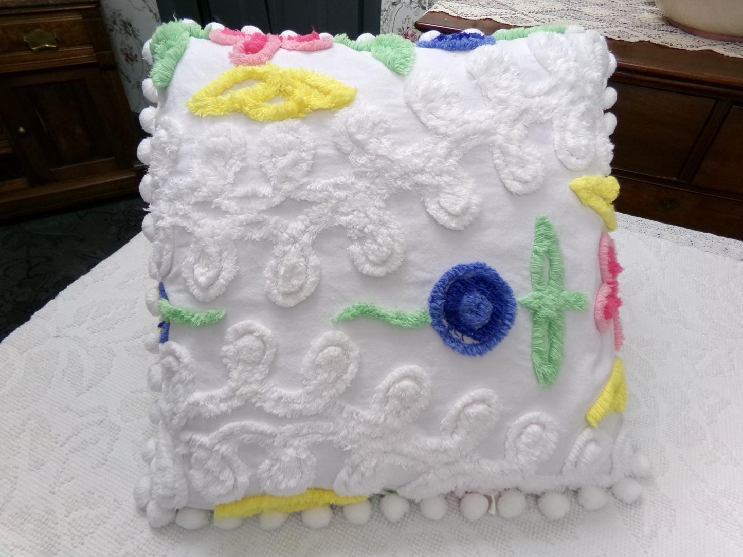 canyon group vintage chenille pillow cover, single 17" square sham rainbow wedding cake design