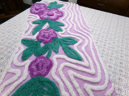 Violet Roses Vintage Chenille Bedspread Fabric 16x32" Sweeping White Waves