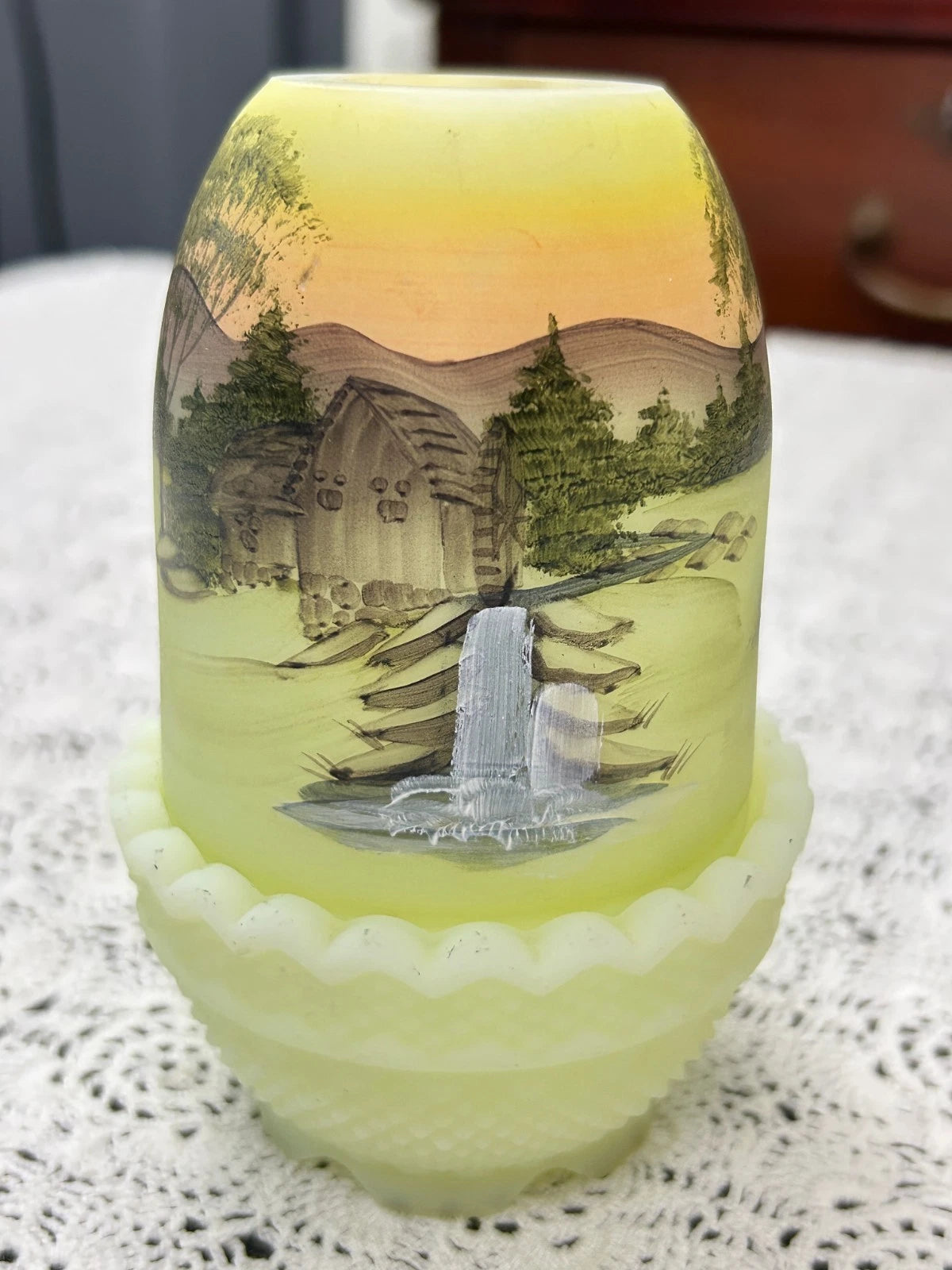 Vtg Fenton Fairy Lamp Satin Custard Glass Hand Painted Water Mill Gloria Finn