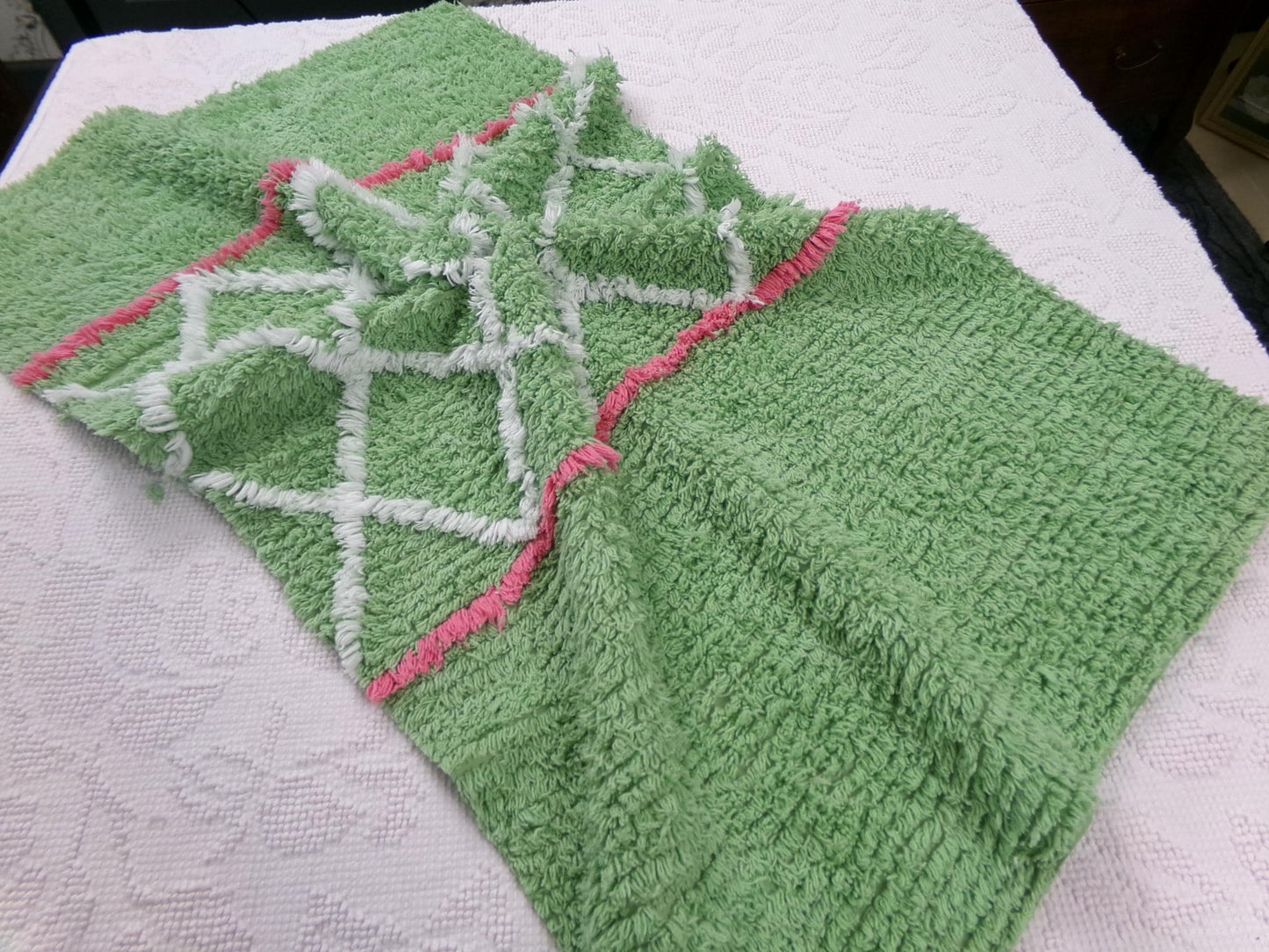 vintage apple green chenille fabric, plush terrytuft geometric design, 18" x 32" piece