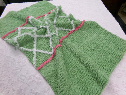 vintage apple green chenille fabric, plush terrytuft geometric design, 18" x 32" piece