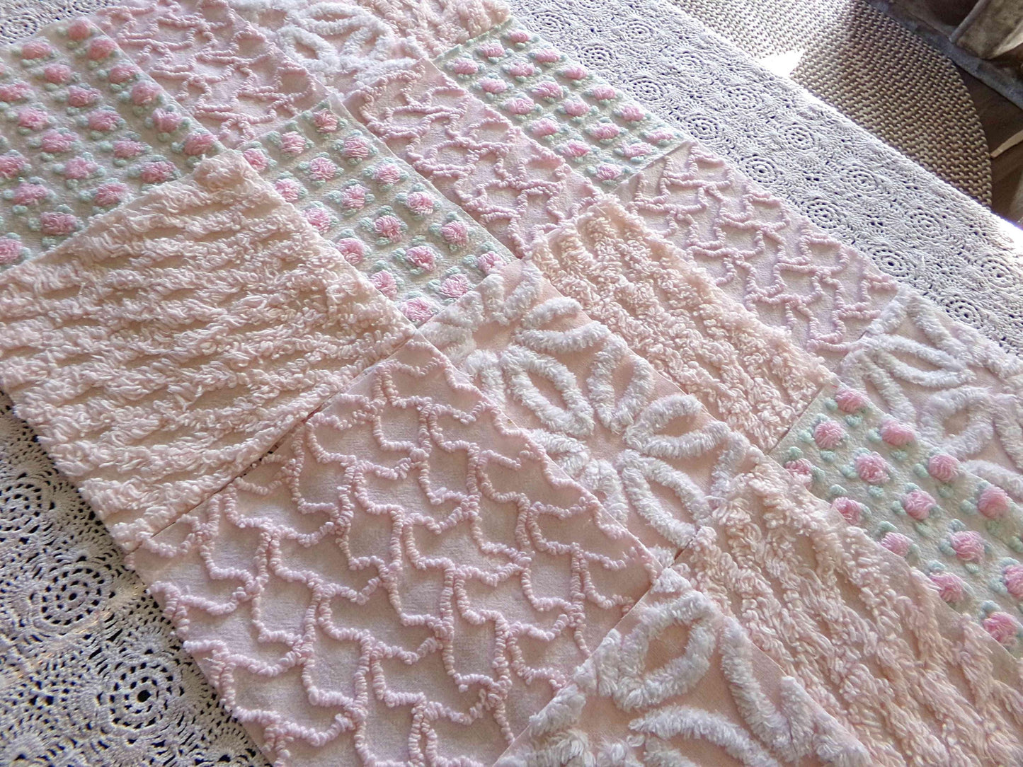 Nectar & Petal Vintage Chenille Quilt Squares Set of 16 Blocks, 6" inch ea in pretty daisies, pink rosebuds, peach lattice
