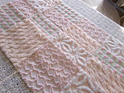 Nectar & Petal Vintage Chenille Quilt Squares Set of 16 Blocks, 6" inch ea in pretty daisies, pink rosebuds, peach lattice